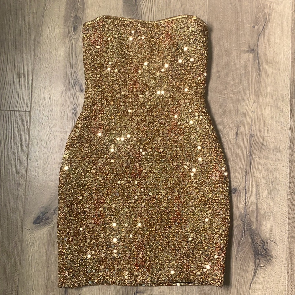 Gold Sequin Vintage Escada Dress Strapless Corset